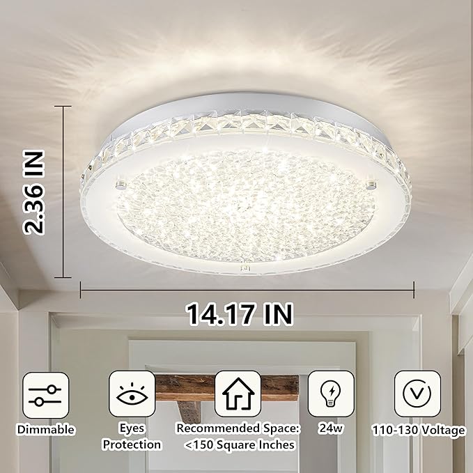 Crystal Ceiling Light Fixture LED Crystal Flush Mount Ceiling Light 4000K Dimmable Semi Flush Mount for Hallway Bedroom Laundry Bathroom Round 24W 2640LM 14"