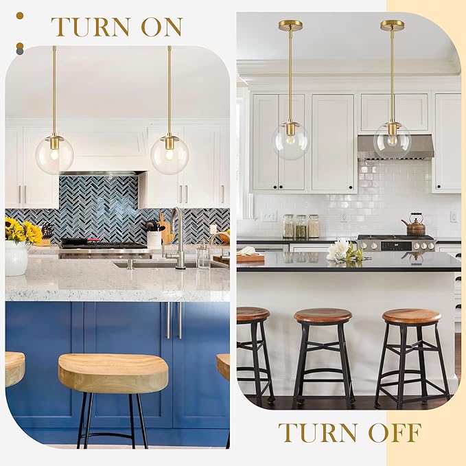 Bagood 8" Globe Pendant Light Gold 2 Pack Mid Century Pendant Light Globe Pendant Lights Kitchen Island Brushed Brass Finished with Clear Glass Adjustable Ceiling Light Fixtures for Dining Room Bar