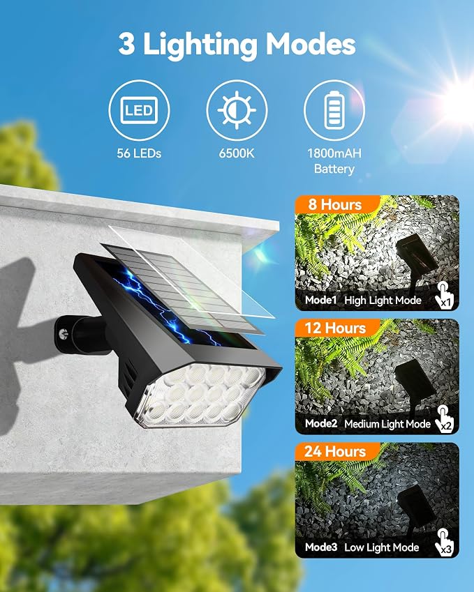 Solar Lights Outdoor Waterproof IP65, 56 LED 3 Lighting Modes Solar Spot Lights Outdoor, Solar Powered Landscape Lighting for Yard Pathway Garden, 8 Pack (Cool White)