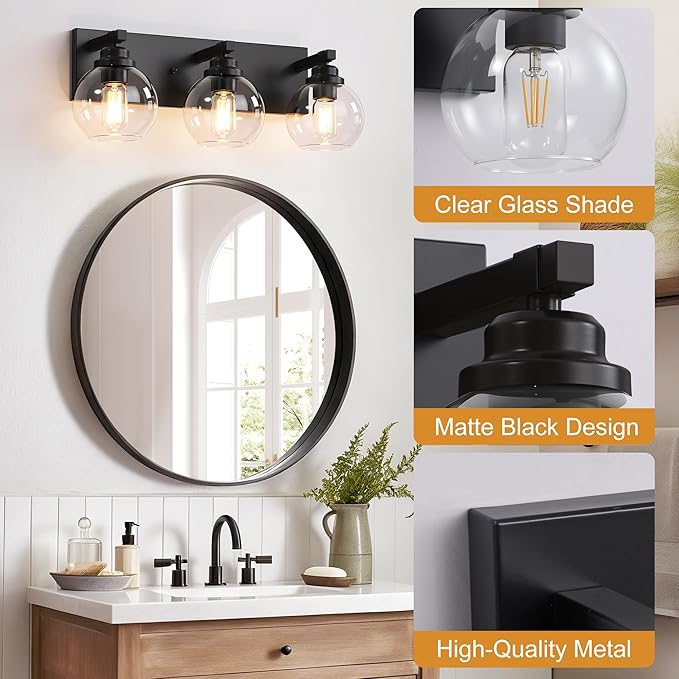 LmnLvn Bathroom Light Fixtures, 3-Light Matte Black Vanity Lights, Modern Bathroom Lighting Fixtures Over Mirror, Farmhouse Vanity Lights with Glass Shade for Living Room, Bedroom, Hallway