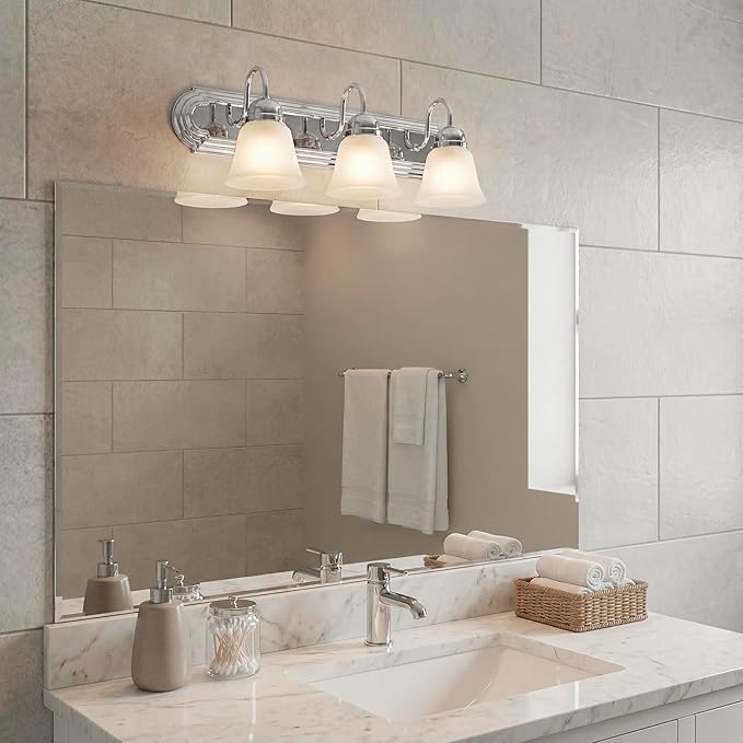 Kichler 24" 3-Light Vanity Bath Light in Chrome, Modern Bathroom Light with Clear Satin Etched Glass, (24" W x 8" H), 5337CHS