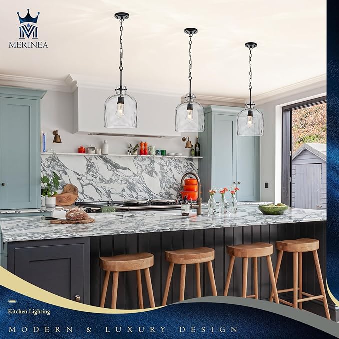 Modern Black Glass Pendant Light – 10-Inch Wide Single Dome Light Fixture, 1-Light E26 Ceiling Hanging Lamp for Kitchen Island, Dining Room, Hallway