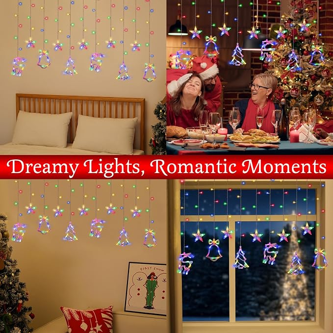 Lewondr Reindeer Bell Christmas Curtain Lights, 138 LED Christmas Tree Hanging Home Lights with 6H Timer & 8 Modes, USB Powered Fairy Lights, Xmas Decor for Home Party Indoor,Colorful Light