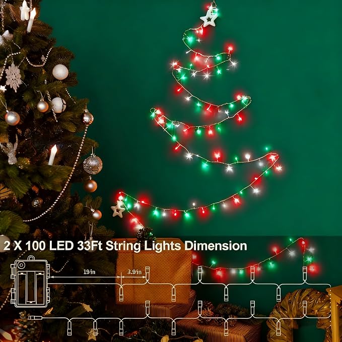 Red White Green Christmas String Lights Battery Operated, 2 Pack 100 LED String Lights 33Ft with Timer 8 Modes Outdoor Indoor Novelty Lights for Home Xmas Tree Garland Holiday Decor