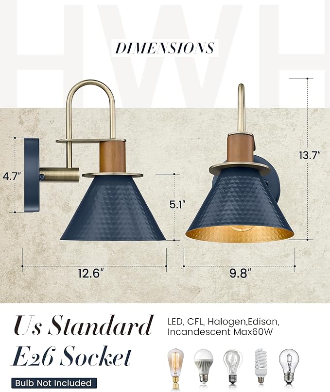 Modern Wall Sconces, HWH Industrial Sconce Wall Lighting Indoor Wall Lamp, 1-Light Barn Vanity Light for Kitchen Bedroom, Hammered Metal Shade, Navy Blue Finish, 5HZG74B-L BL+BG