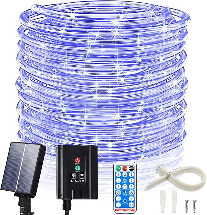 ICRGB Solar Pool Lights for Above Ground, 66FT 200LED 1800mAh Solar Rope Lights Outdoor, IP67 Waterproof Blue String Light with Remote, 8 Modes & Timing, Pool Garden Patio Fence Walkway Christmas