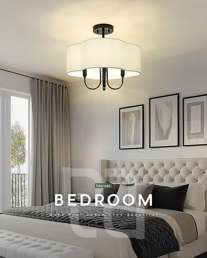 18" Semi Flush Mount Ceiling Light, 4-Light Vintage Light Fixtures Ceiling Mount with Fabric Shade in Quatrefoil for Kitchen Nursery Entryway Hallway Bedroom, Matte Black, SM179-MB-L