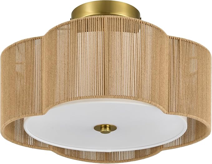 VONLUCE Semi-Flush Mount Boho Ceiling Light, 14" 4-Light Rattan Ceiling Light Fixture with 2 Tier Rattan Fabric Clover Shade, Lighting for Bedroom Dining Living Room, Gold Finish, ETL Certificated