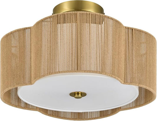 VONLUCE Semi-Flush Mount Boho Ceiling Light, 14" 4-Light Rattan Ceiling Light Fixture with 2 Tier Rattan Fabric Clover Shade, Lighting for Bedroom Dining Living Room, Gold Finish, ETL Certificated