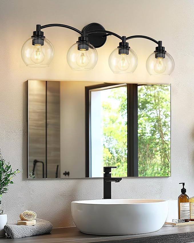 4-Light Vanity Light Fixture Over Mirror,Globe Bathroom Light with Clear Glass,Modern Black Wall Sconce,ZCVL02BK-4