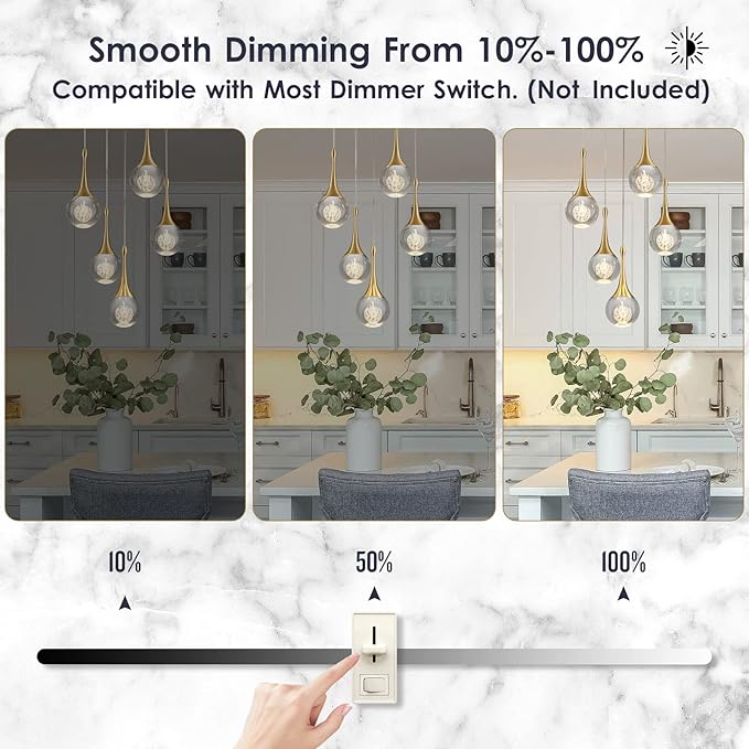 5 Lights Crystal Pendant Light, 25W Gold Dimmable LED Teardrop Cluster Pendant Lighting Fixture for Dining Room Kitchen Living Room Foyer Hallway Bedroom 3000k Warm White