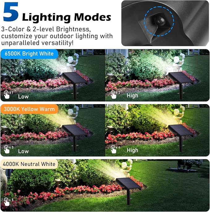Solar Spot Lights Outdoor 5 Modes, 44LEDs Bright Landscape Spotlights Solar Powered 3 Colors Changing, IP67 Waterproof Auto On-Off Dusk Dawn Solar Outdoor Lighting for Yard Garden Outside Tree, 2-Pack
