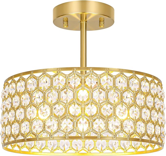 Gold Crystal Ceiling Light Fixture - Modern Semi Flush Mount Ceiling Light for Hallway, Kitchen Lighting Fixtures Ceiling, Dazzling Prism Chandelier for Foyer Closet Bedroom, 3 Light, 12 in