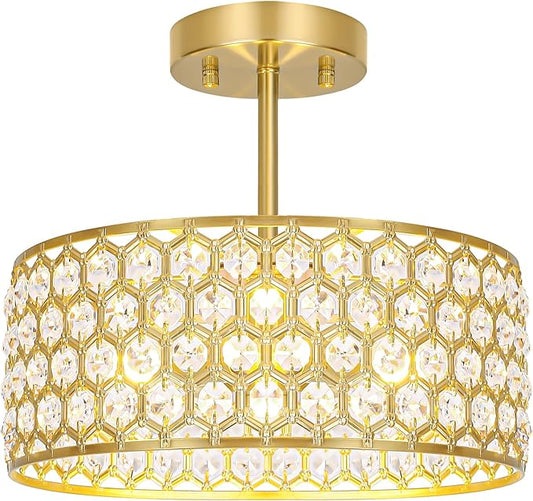 Gold Crystal Ceiling Light Fixture - Modern Semi Flush Mount Ceiling Light for Hallway, Kitchen Lighting Fixtures Ceiling, Dazzling Prism Chandelier for Foyer Closet Bedroom, 3 Light, 12 in