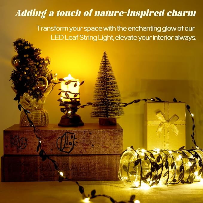 Leaves String Lights Black 6.56ft 20 LED Tiny Artificial Ivy Leaf Vine with Fairy Lights Battery Operated for Room Decor Bedroom Wedding Holiday Party Table Decor, 2PCS