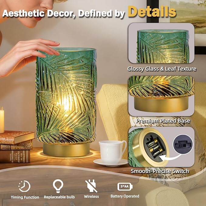 Battery Operated Table Lamp, Cordless Lamps for Home Decor, Battery Powered Nightlight with LED Bulb with Timer, Decorative Lights for Living Room Bedroom Tabletop Entryway Centerpiece Gift(L Green)