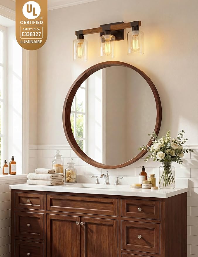 VOLISUN Farmhouse Bathroom Light Fixtures, 3 Light Bathroom Vanity Lights Over Mirror, Rustic Vanity Light for Bathrooms,Wood Bathrooms Lights Fixtures Over Mirror-UL Certificated