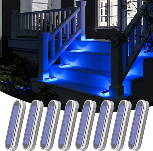 YiLaie Blue Solar Lights for Outside Stick on Boat Dock Step Driveway Strip Lights Solar Powered Outdoor Waterproof Deck Stairs Post Ground Pathway Walkway Accessories Auto ON/Off（8 Pack）