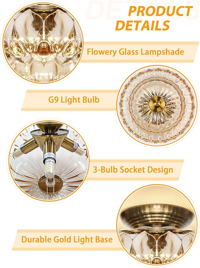 Semi Flush Mount Ceiling Light,11IN Vintage Gold Hallway Lights Fixture,3-Bulb Globe Amber Glass Close to Ceiling Light for Bathroom, Hallway, Dining Room,Bulb Not Included