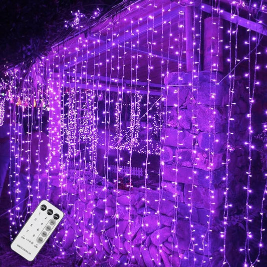WATERGLIDE 300 LED Curtain Lights, Remote Control Christmas Hanging String Lights, 8 Lighting Mode, Plug in for Indoor Outdoor Halloween Holiday Party Garden Backdrop Wedding Home Decor, Purple