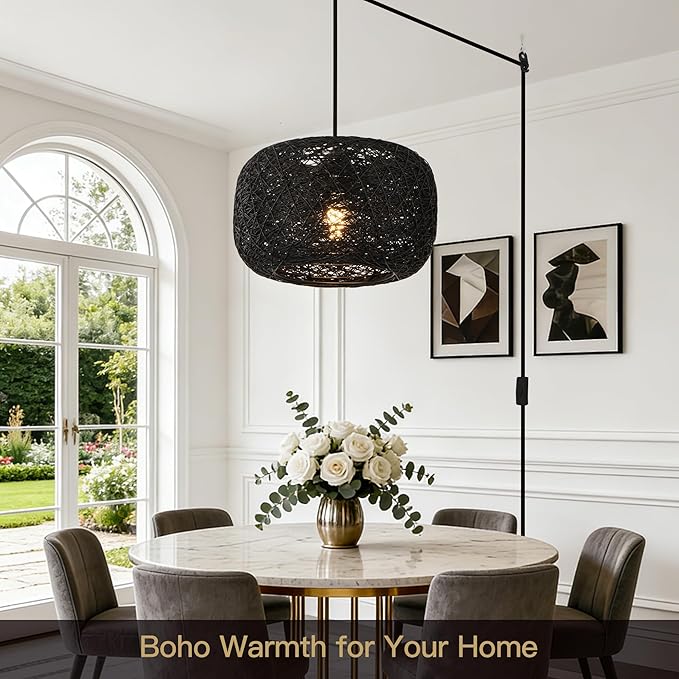 Plug in Pendant Light with Woven Rattan Lampshade, 12” Boho Hanging Lamp with 15FT Cord & On/Off Switch, E26 Socket, Ceiling Hook Installation for Bedroom Living Room Dining Nook Apartment
