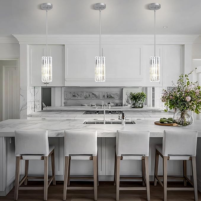 Crystal Pendant Lights for Kitchen Island - 10" Nickle Sand Adjustable Chandelier, Dimmable E26 Hanging Fixture, Modern Lighting for Dining 1pcs