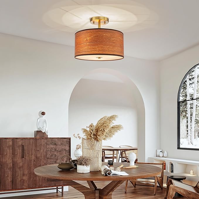 3-Light Solid Wood Drum Ceiling Lights, Farmhouse Style Semi-Flushmount Light Fixture for Dining Room, Living Room, Bedroom, D12 * H10 inch, Solid Wood Lampshade & Gold Finish