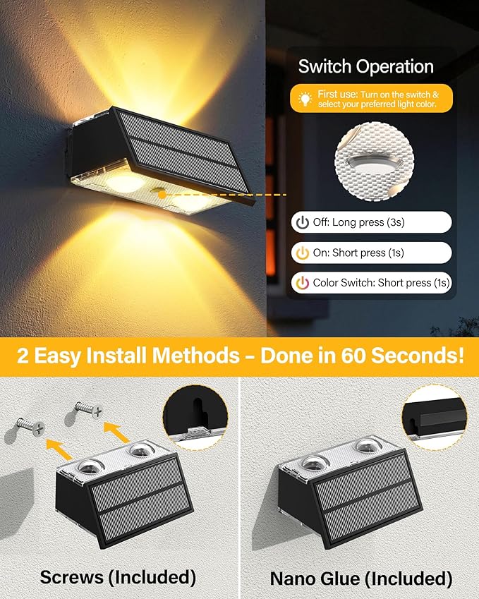 Solar Fence Lights Outdoor, 100LM Fence Lights Solar Powered Waterproof, 9 Color Modes, Up & Down LED Focused Beam, 12H Dusk to Dawn Glow for Pool/Patio/Wall/Backyard - 6 Pack, Black