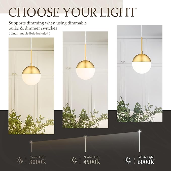 6 Inch Gold 2 Pack Mid Century Modern Pendant Light Pendants for Kitchen Island Frosted Milky White Glass Globe Height-Adjustable Modern Hanging Globe Pendant Light for Bedroom (Bulb Incl)