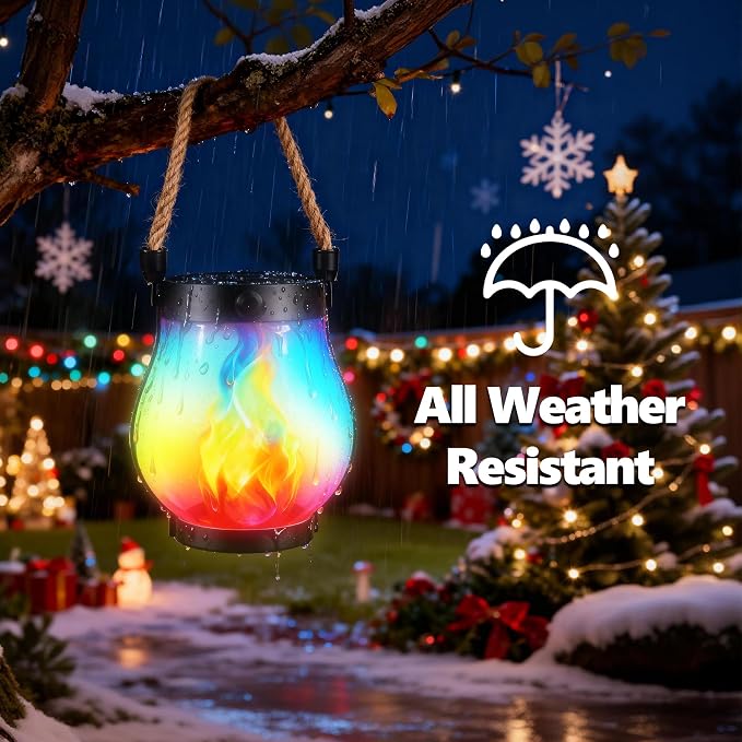 iBaycon 2 Pack Solar Lantern Lights USB Christmas Flame Lamp, Multicolor | Solar Garden Lights with Dual Charging USB & Solar, 2 Modes Outdoor Waterproof Hanging Lantern for Patio Home Xmas Decor
