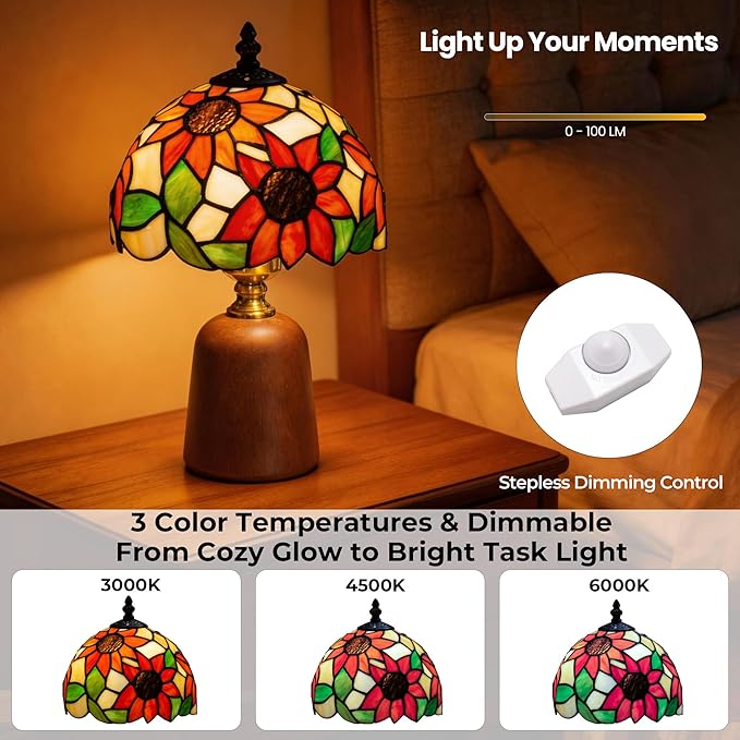 12.2" Tiffany Style Lamp, Handcrafted Stained Glass Sunflower Table Lamp with Solid Wood Base, 3-Color Dimmable Bedside Lamp for Nightstand & Bedroom, Vintage Aesthetic Accent Light
