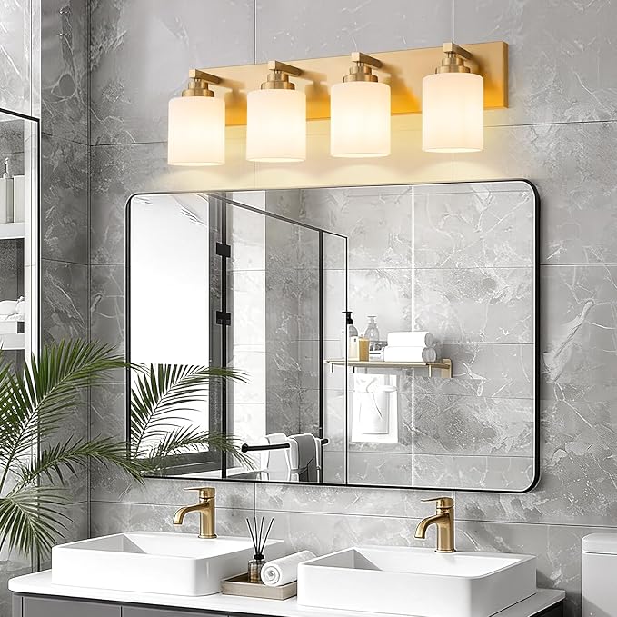 Bathroom Vanity Light Fixture, 4-Light Brushed Gold Bathroom Light Fixtures Over Mirror with Milky White Glass Shades, Modern Vanity Lights for Bathroom Living Room Hallway (Bulbs Not Included)
