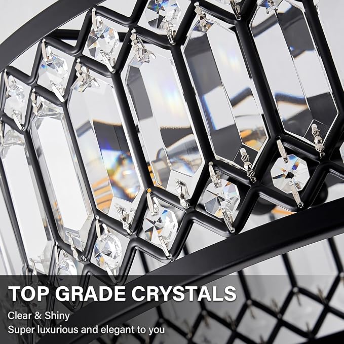 Crystal Ceiling Light Fixture, Modern Semi Flush Mount Ceiling Light, Black Lighting Chandelier for Kitchen, Bedroom, Dining Room, Hallway, 3-Light, 12.2 Inch