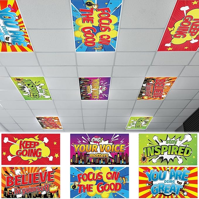 Wiooffen 6 Pcs Fluorescent Light Covers with 60 Magnets Decorative for Classroom Ceiling Lights 4 x 2 Feet Magnetic Light Cover Filter Easy Install for Office Hospital Home Ceiling Supplies (Hero)