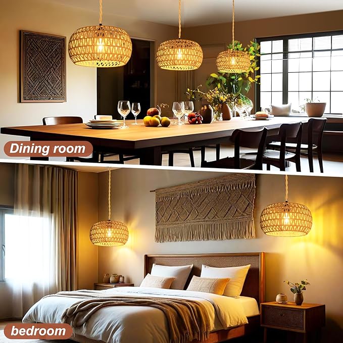 Hanging Lights with Plug in Cord Rattan Hanging Lamp Boho Ceiling Light Fixtures Farmhouse Pendant Lamp Shape for Living Room Bedroom Kitchen