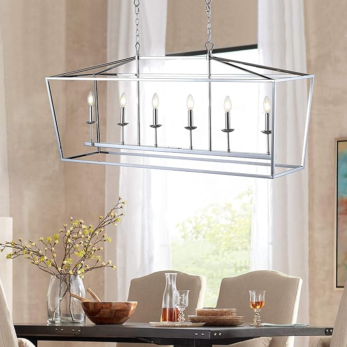 JONATHAN Y 49" Chrome Lantern Pendant Light, 1-Light Pagoda Style Metal Cage Farmhouse Hanging Ceiling Fixture for Kitchen Island, LED Bulb Included (JYL7439C)