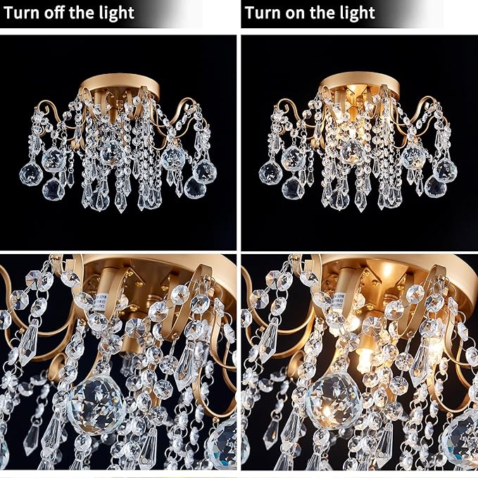 Rain Drop Crystal Small Crystal Chandelier Ceiling Light 3-Light Fixture Modern Chrome Iron Material Suitable for Bedrooms, Hallways, Walk-in Closets, Entryways, Stairwells (Gold)