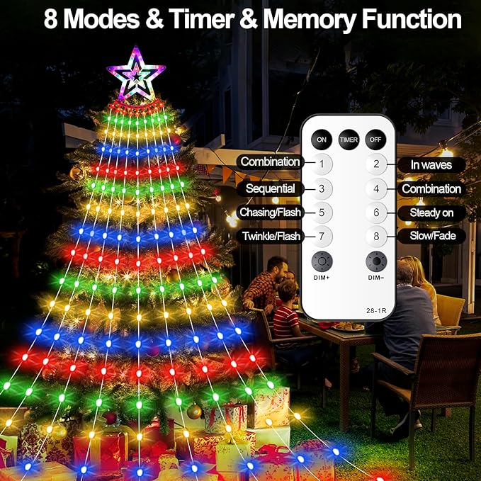 Christmas Decorations Star Lights Outdoor, 11.48ft 350 LED Waterfall Tree Lights with 8 Modes Timer Remote Plug in Christmas String Lights for Indoor Yard Patio Home Holiday Party Decor, Multicolor