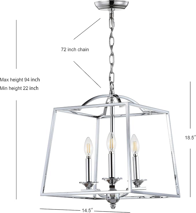 JONATHAN Y 14.5" Chrome 3-Light Metal Lantern Pendant Light, Adjustable LED Hanging Ceiling Fixture for Kitchen Island, Foyer, Entryway and Dining Room, ETL Listed JYL7410A