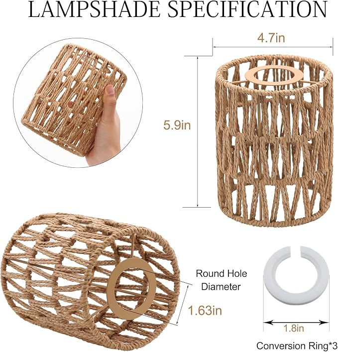 3-Pack Boho Rattan Lamp Shades,5.9" H x 4.7" D Woven Small Shade Replacement, 3-Tier 1.62in Fitter Farmhouse Pendant Light Cover for Chandelier Floor Wall Lamp(Brown)