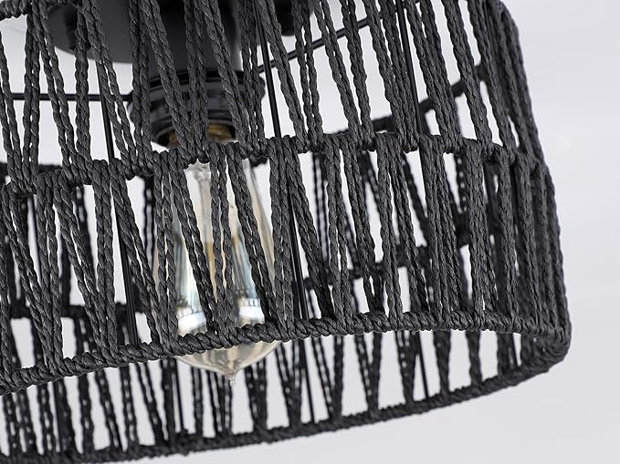 Coastal Black Woven Flush Mount Light Fixture Rustic Industrial Hemp Rope Round Flush Mount Ceiling Light for Hallway Bedroom Farmhouse Kitchen Entryway Hall, Black