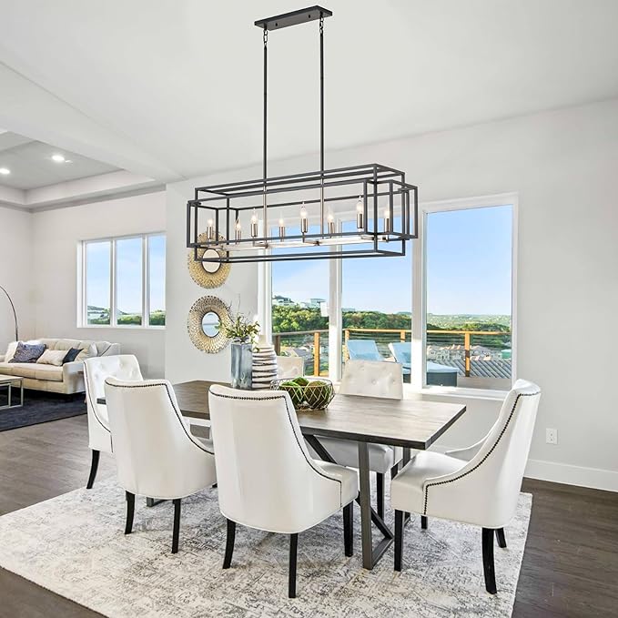 8-Light Kitchen Island Lighting, Black and Sliver Rectangle Chandeliers for Dining Room, Metal Farmhouse Dining Room Light Fixtures Over Table, Linear Chandelier with Brushed Nickel Socket
