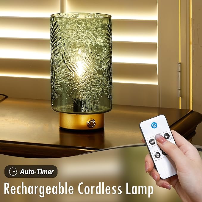 ULAROOM Cordless Lamp Rechargeable Battery Operated lamp, Glass Table Lamp Remote Control - Dimmable Brightness Touch Wireless Bedside Lamp for Bedroom Kitchen Dining Home Living Room Decor Green