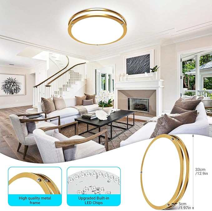 libtit 13Inch Gold Ceiling Light with Remote, Dimmable 5CCT 24W 2400lm Bright LED Flush Mount Lighting Fixture with Timer for Bedroom Kitchen Closets Hallway(3000k/3500k/4000k/5000k/6500k)