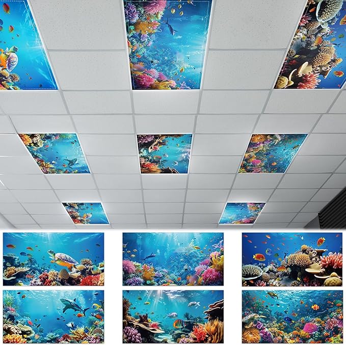 Wiooffen 6 Pcs Fluorescent Light Covers with 60 Magnets Decorative for Classroom Ceiling Light 4 x 2 Feet Magnetic Light Covers Filter Easy Install for Office Hospitals & Home (Ocean)