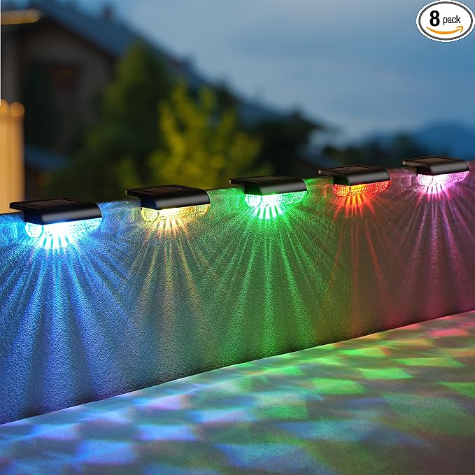 Herzila 8 Pack Solar Step Lights Led Color Changing Deck Lights Solar Fence Lights Waterproof for Outdoor Stairs, Step, Balcony, Patio