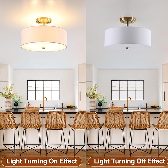 13.8 Inch Semi Flush Mount Ceiling Light Fixture, 3-Light Modern Farmhouse Drum Pendant with Fabric Shade for Bedroom Hallway Entryway Living Room (White+Brushed Bronze)