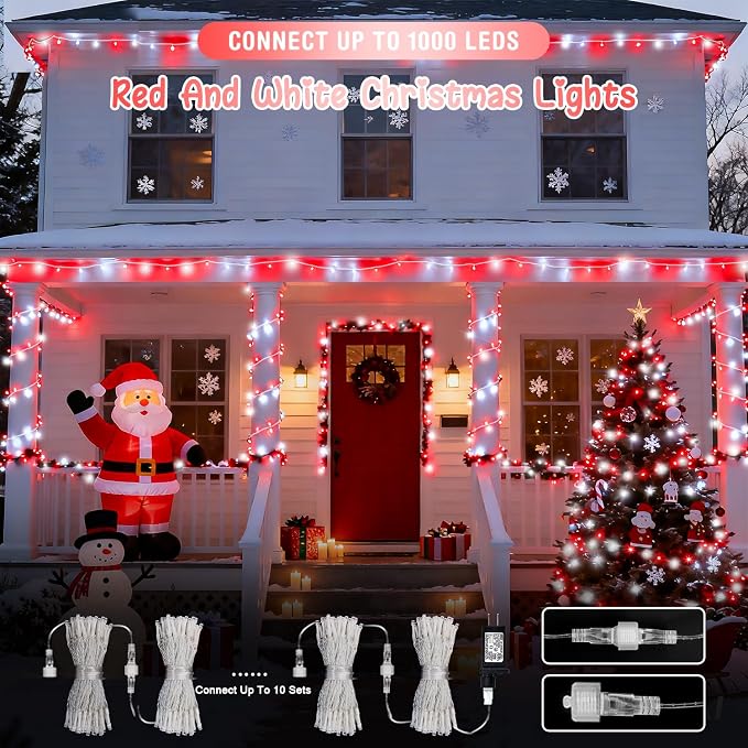 JMEXSUSS 2 Pack 100 LED Red and White Christmas Lights Outdoor, 8 Modes Connectable String Lights Indoor, LED Christmas Tree Lights Plug in for Xmas House Party Bedroom Decorations