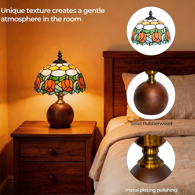 12.2" Tiffany Style Lamp, Handcrafted Stained Glass Table Lamp with Solid Wood Base, 3-Color Dimmable Bedside Lamp for Nightstand & Bedroom, Vintage Aesthetic Accent Light