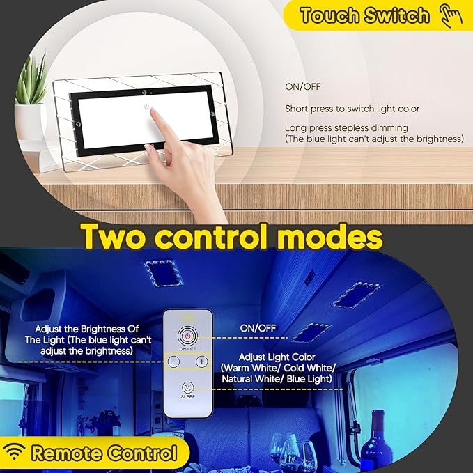 BlueFire 1800LM Bright LED RV Light Interior，DC12-30V Upgraded Brightness RV Ceiling Dome Lights, Dimmable Fixture with 4 Color Temperature for RV Camper Van Motorhome Boat Trailers (Large - 1 Pack)